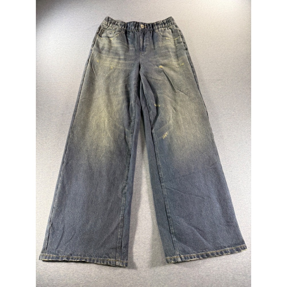 Halara High Waisted Wide Leg Distressed Jeans Blue Elastic Waist Small Regular